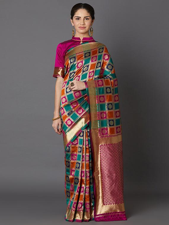 geometrical banarasi saree with blouse - 16954300 - Zoom Image - 1