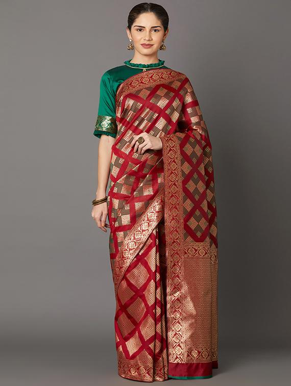 self design banarasi saree with blouse - 16954558 - Zoom Image - 1