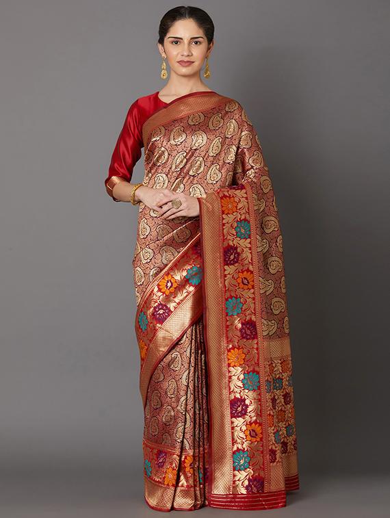 self design banarasi saree with blouse - 16954610 - Zoom Image - 1