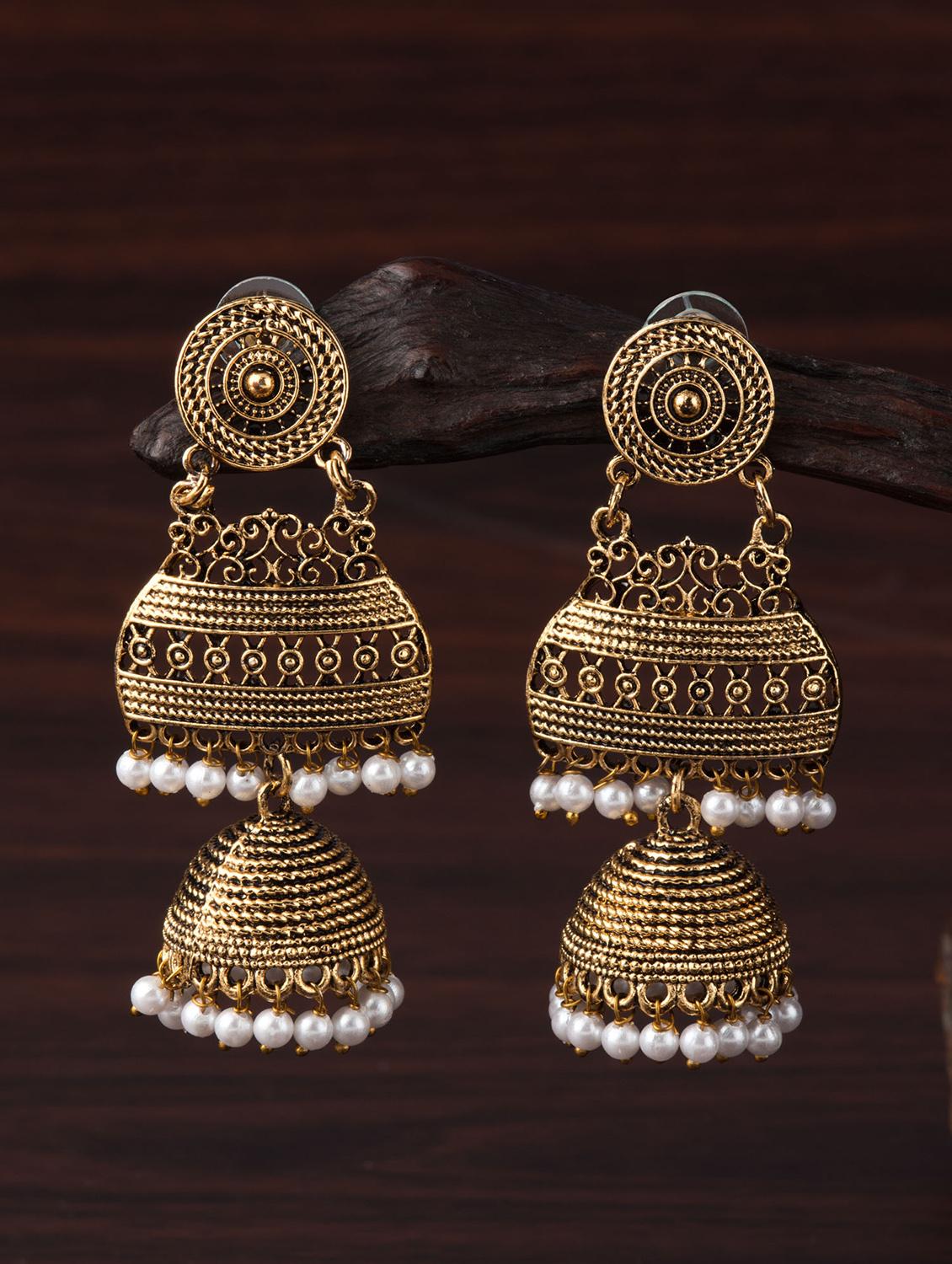 gold brass jhumka earring - 16955315 - Zoom Image - 3