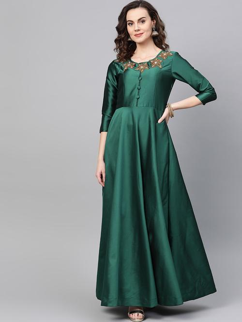 green silk blend fit & flare ethnic dress - 16955859 - Standard Image - 1
