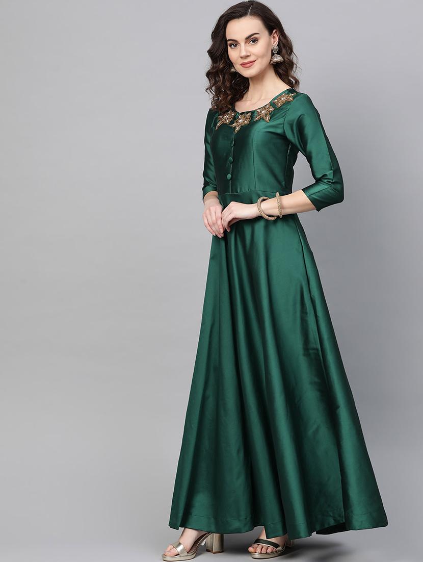 green silk blend fit & flare ethnic dress - 16955859 - Zoom Image - 2