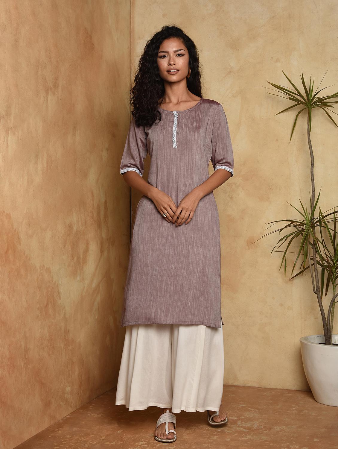 lace solid straight kurta - 16957282 - Zoom Image - 1