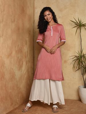 lace solid straight kurta - 16957283 - Standard Image - 3