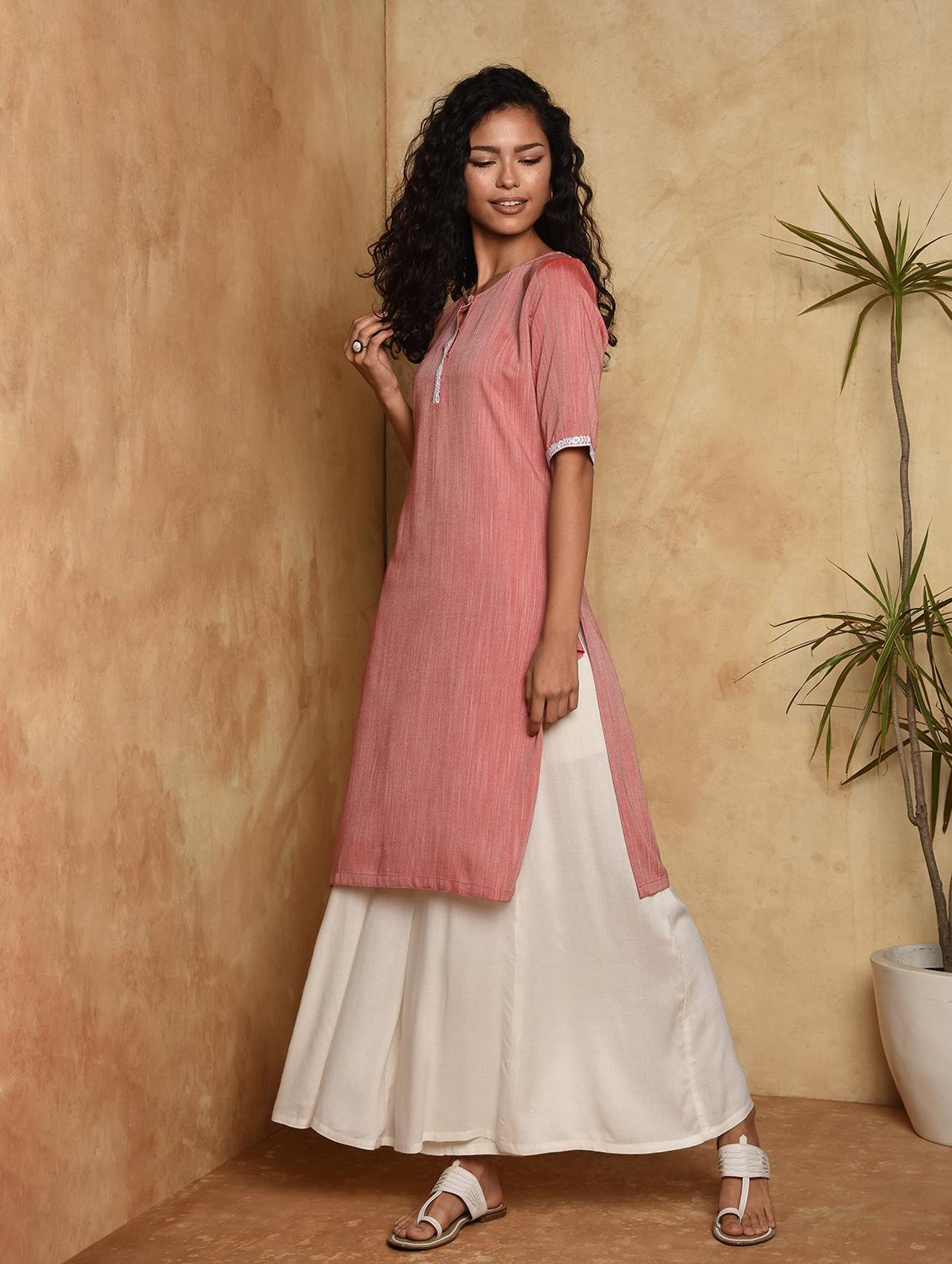 lace solid straight kurta - 16957283 - Zoom Image - 2