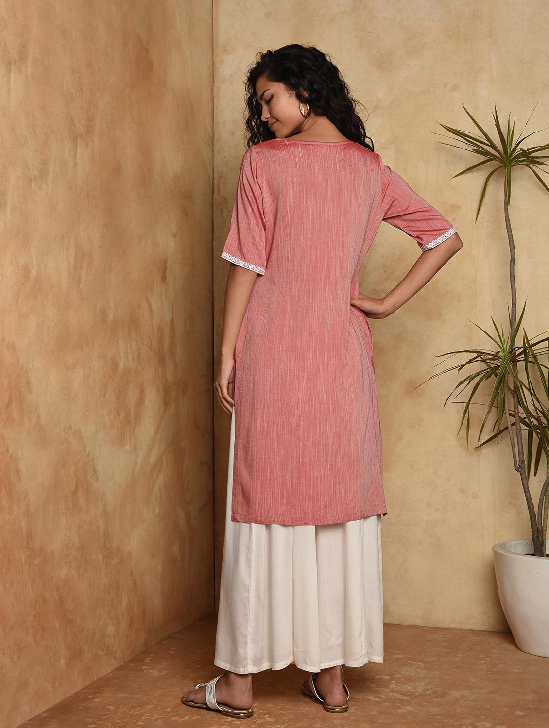 lace solid straight kurta - 16957283 - Zoom Image - 4