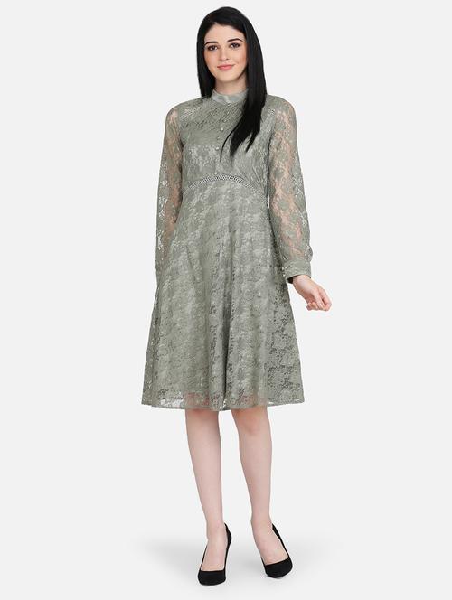 mock neck laced flared dress - 16958253 - Very Small Image - 1