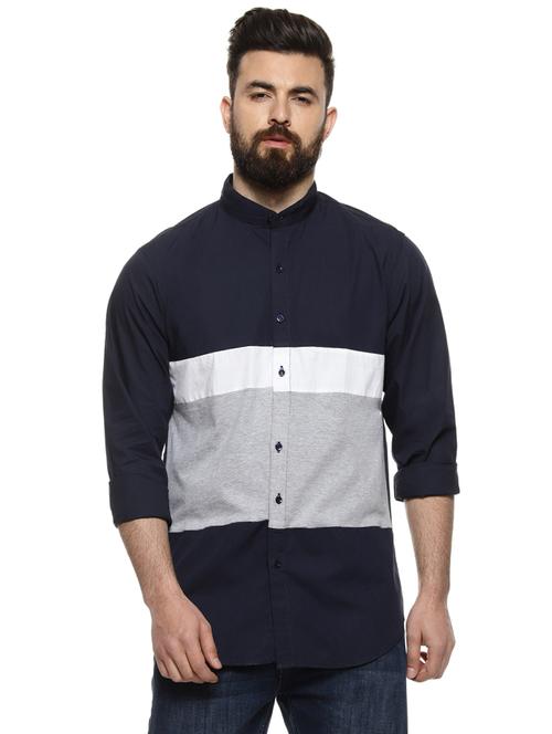 navy blue color block casual shirt - 16958344 - Standard Image - 1