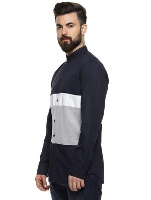 navy blue color block casual shirt - 16958344 - Standard Image - 2