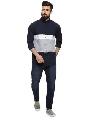 navy blue color block casual shirt - 16958344 - Standard Image - 4