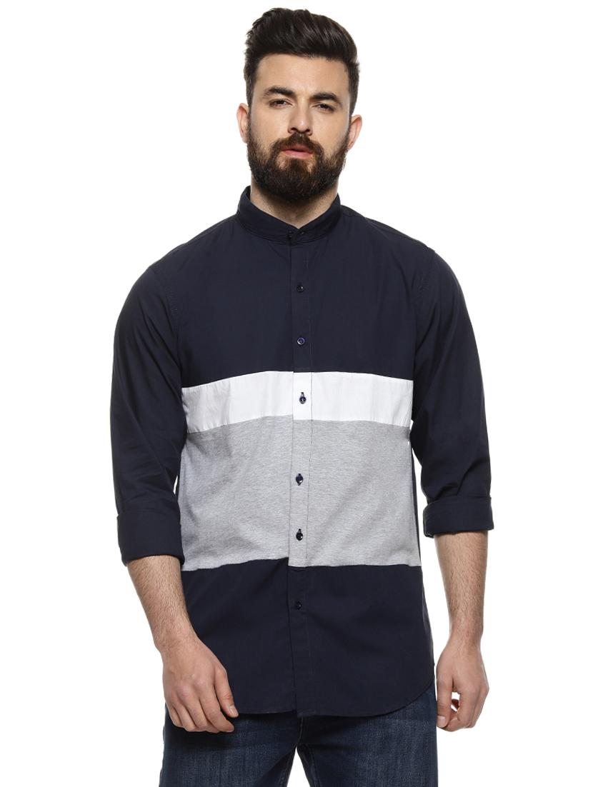 navy blue color block casual shirt - 16958344 - Zoom Image - 1