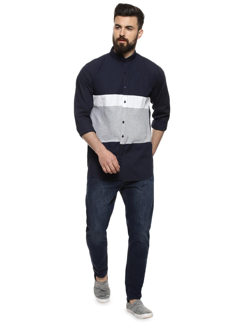 navy blue color block casual shirt - 16958344 - Zoom Image - 4