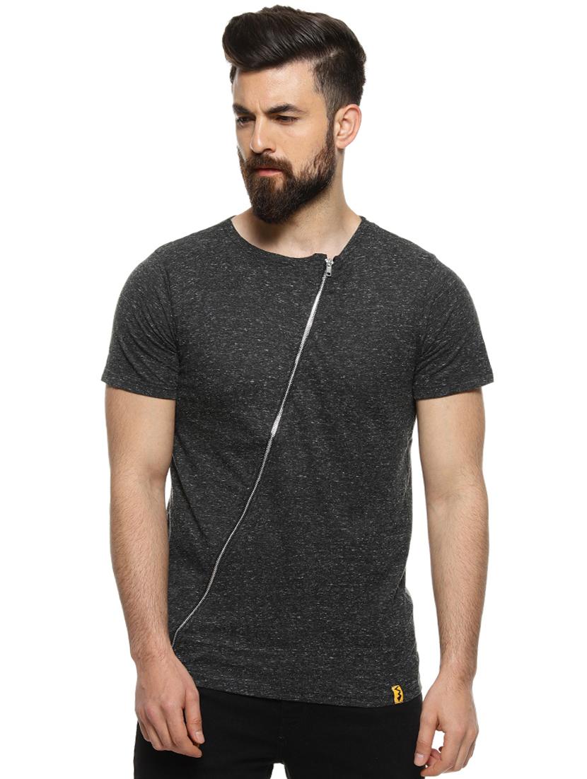grey solid t-shirt with zip detailing - 16958464 - Zoom Image - 1