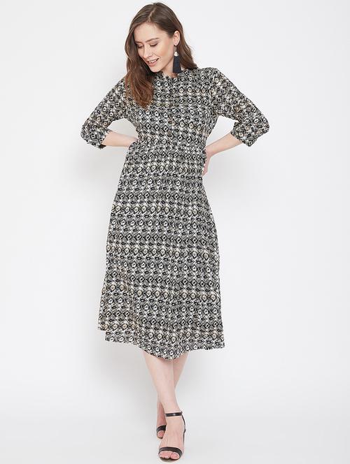 mandarin neck printed a-line dress - 16958489 - Standard Image - 1