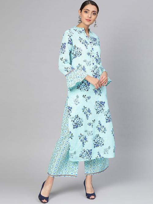 turquoise cotton kurta palazzo set - 16959635 - Standard Image - 1