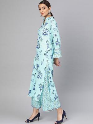 turquoise cotton kurta palazzo set - 16959635 - Standard Image - 2