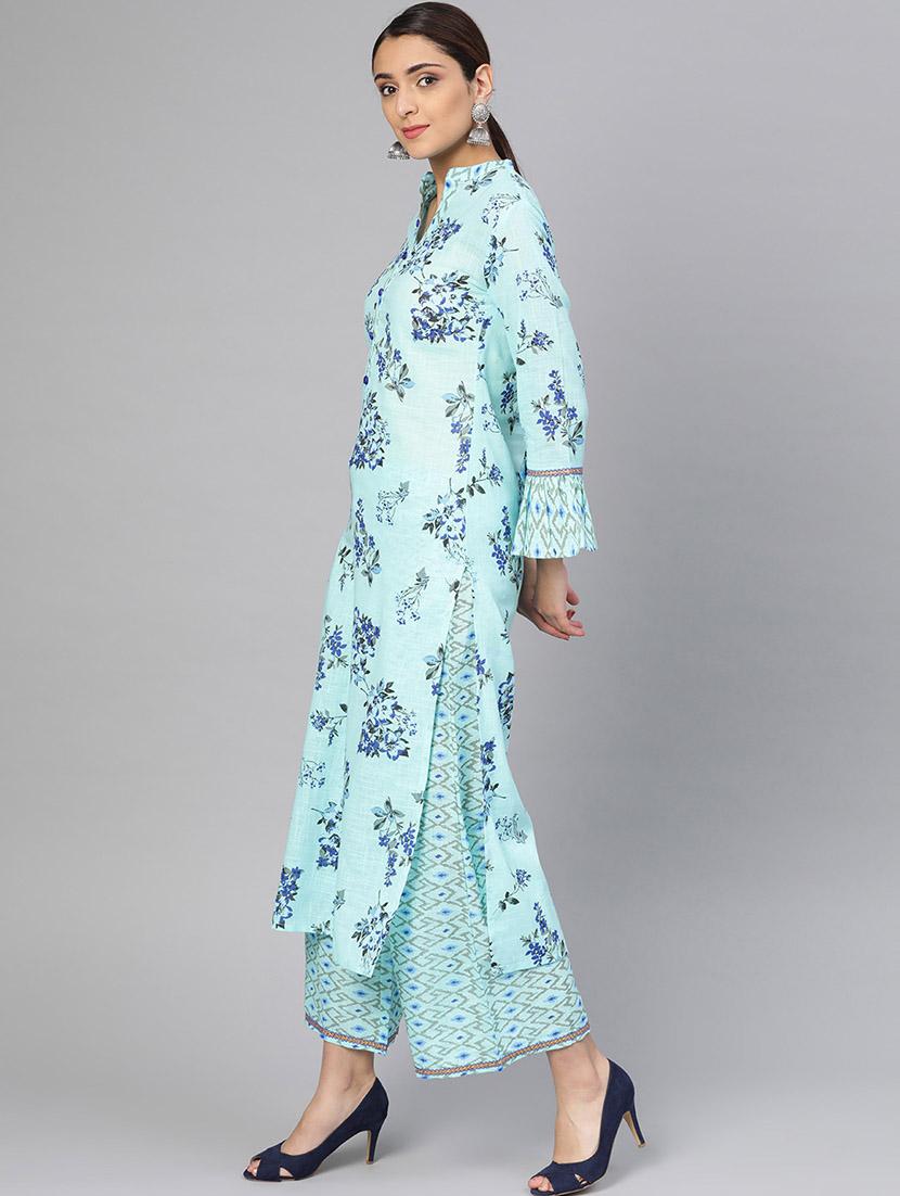 turquoise cotton kurta palazzo set - 16959635 - Zoom Image - 2