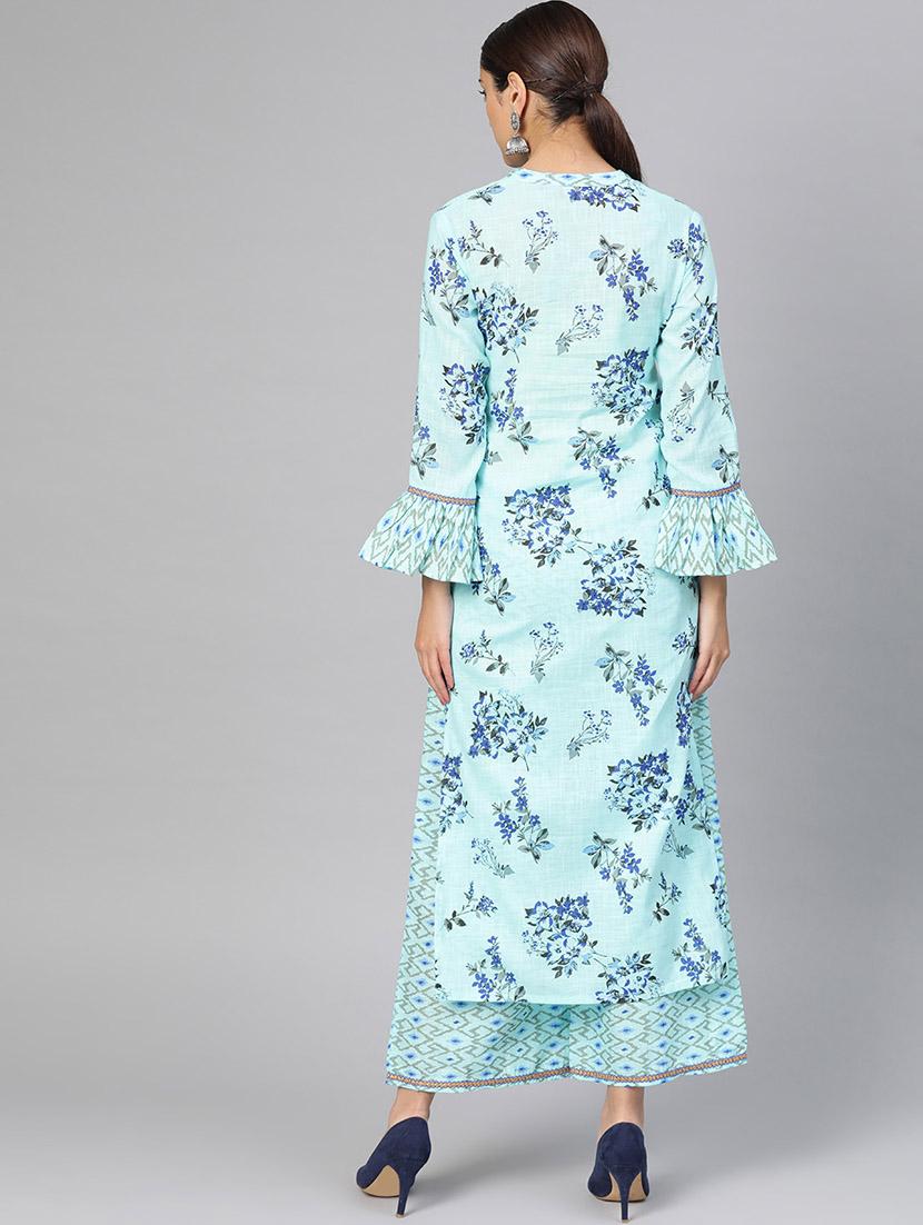 turquoise cotton kurta palazzo set - 16959635 - Zoom Image - 3