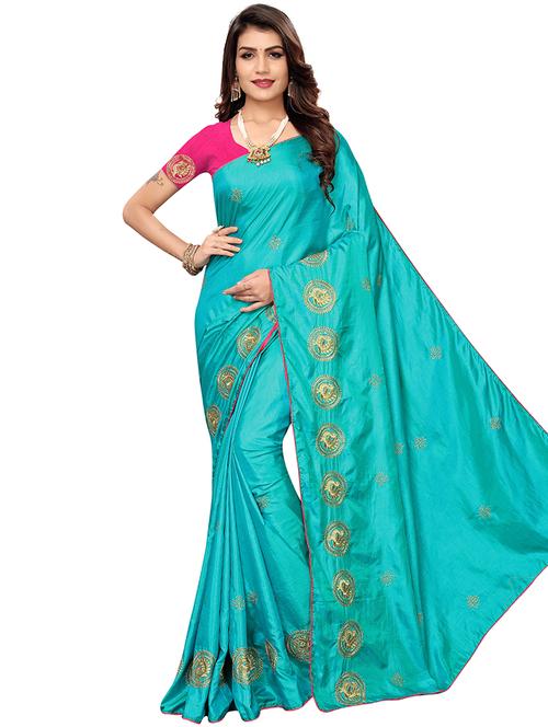 turquoise solid saree with blouse - 16959801 - Standard Image - 1