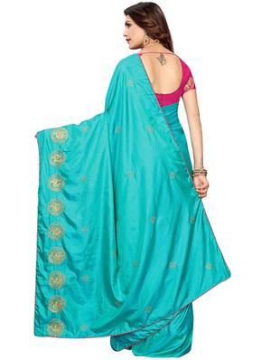 turquoise solid saree with blouse - 16959801 - Standard Image - 2