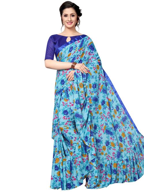 floral printed ruffled saree with blouse - 16959937 - Standard Image - 1