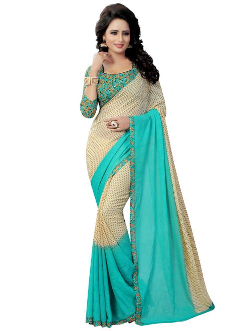 printed contrast bordered saree with blouse - 16960245 - Very Small Image - 1