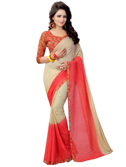 printed contrast bordered saree with blouse - 16960246 - Standard Image - 1