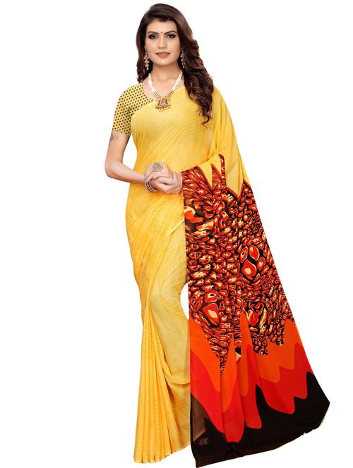 contrast pallu printed saree with blouse - 16960277 - Standard Image - 1