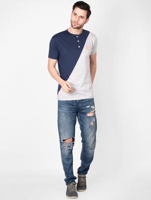 navy blue color block cut & sew t-shirt - 16960701 - Standard Image - 4