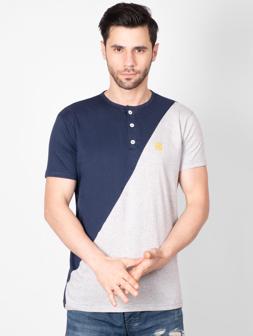navy blue color block cut & sew t-shirt - 16960701 - Zoom Image - 1