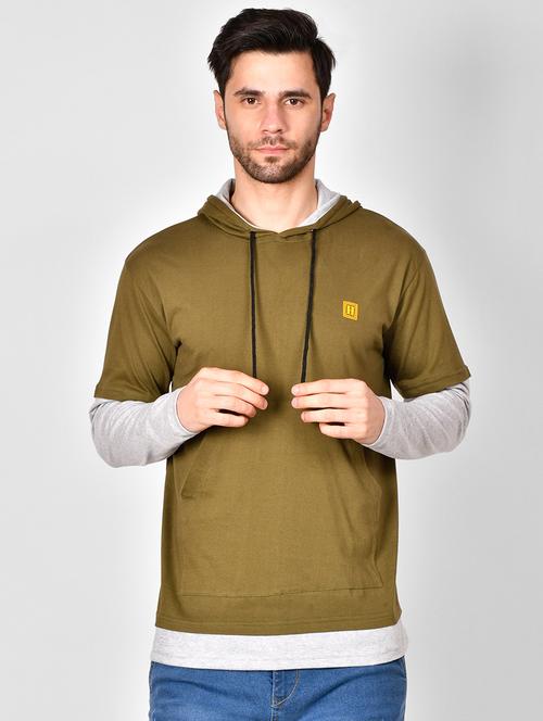 olive green color block hooded t-shirt - 16960719 - Standard Image - 1
