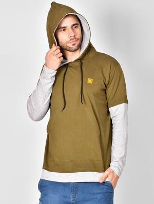 olive green color block hooded t-shirt - 16960719 - Standard Image - 2