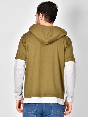 olive green color block hooded t-shirt - 16960719 - Standard Image - 3