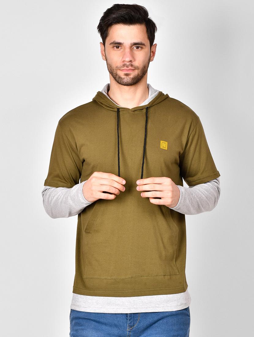 olive green color block hooded t-shirt - 16960719 - Zoom Image - 1