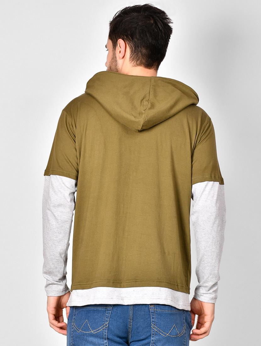olive green color block hooded t-shirt - 16960719 - Zoom Image - 3