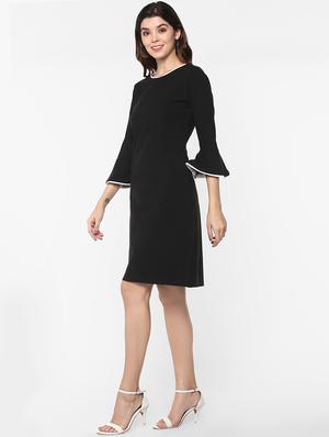 contrast piped bell sleeved a-line dress - 16962640 - Standard Image - 2