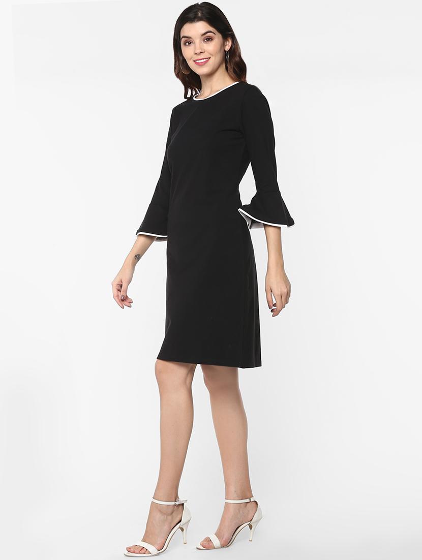 contrast piped bell sleeved a-line dress - 16962640 - Zoom Image - 2