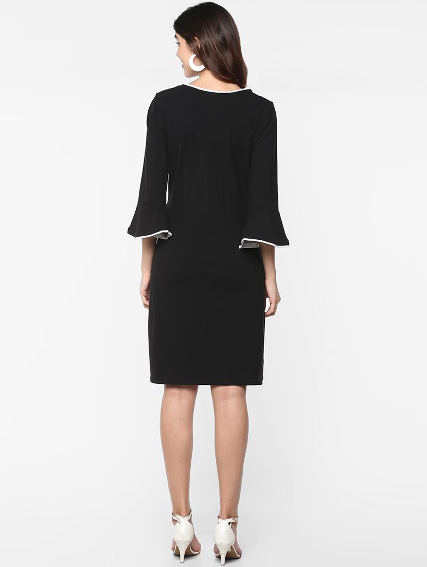contrast piped bell sleeved a-line dress - 16962640 - Zoom Image - 3