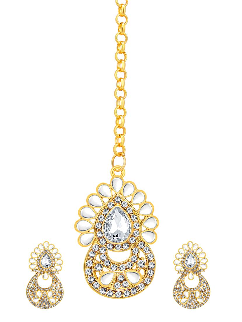 gold brass chandellier earring with mangtika - 16964394 - Zoom Image - 1