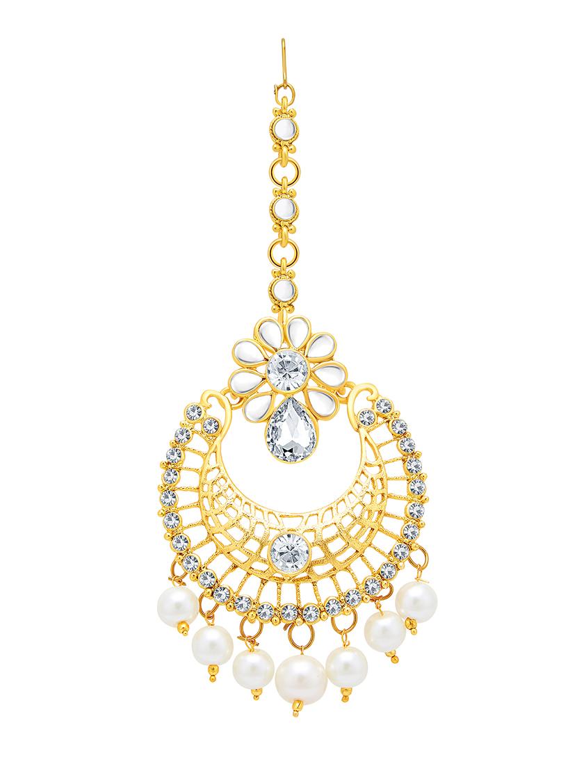 white brass chandellier earring with mangtika - 16964396 - Zoom Image - 3
