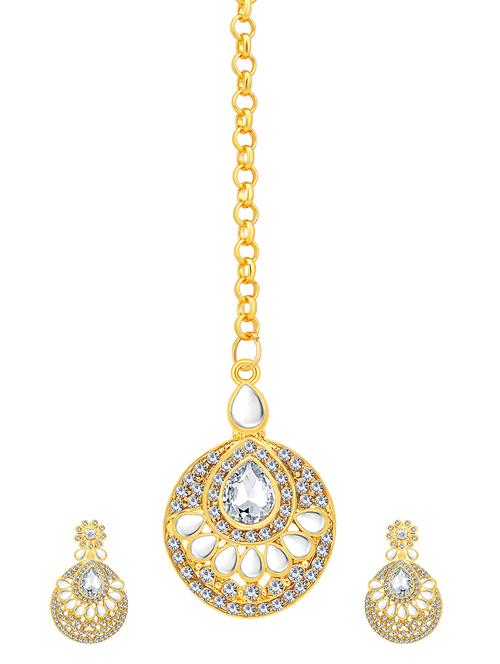 gold brass chandellier earring with mangtika - 16964397 - Standard Image - 1