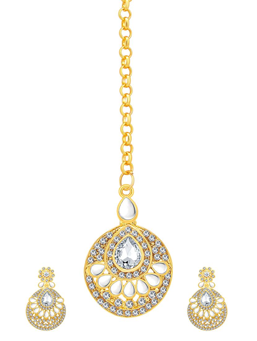 gold brass chandellier earring with mangtika - 16964397 - Zoom Image - 1