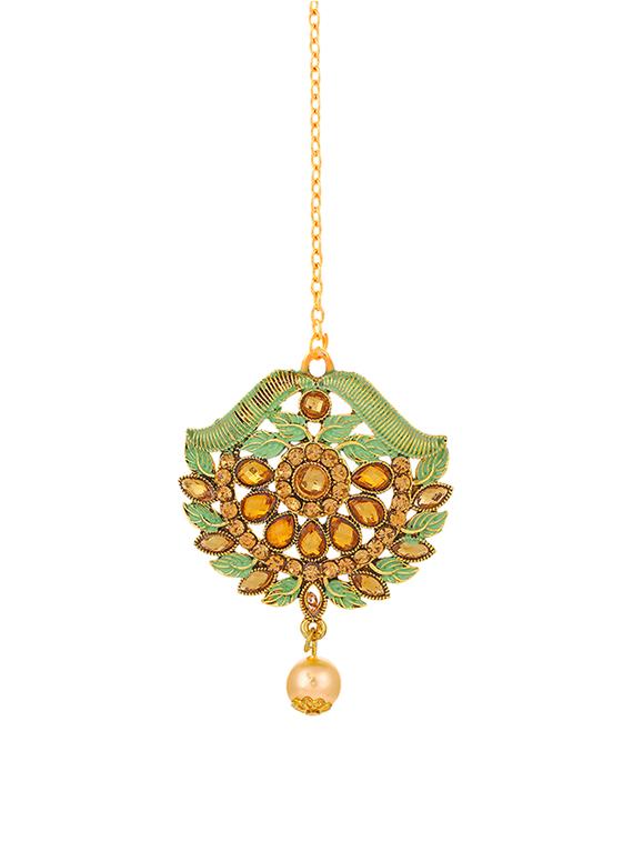 gold brass chandballi earring maangtikka - 16964963 - Zoom Image - 2
