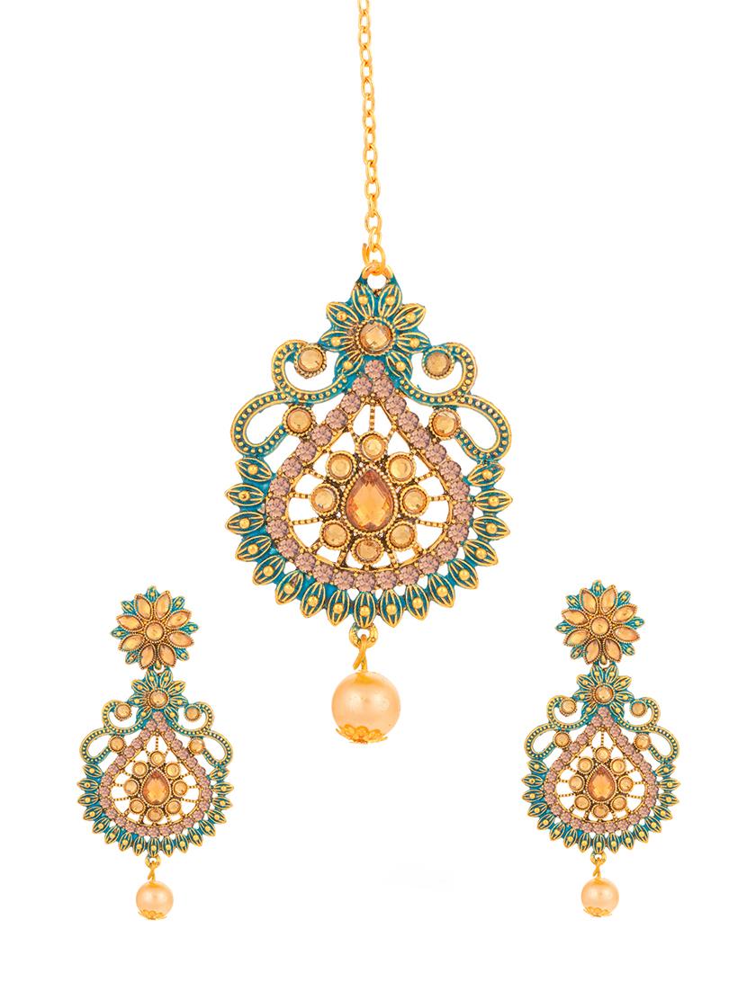 green brass chandellier earring maangtikka - 16964965 - Zoom Image - 1