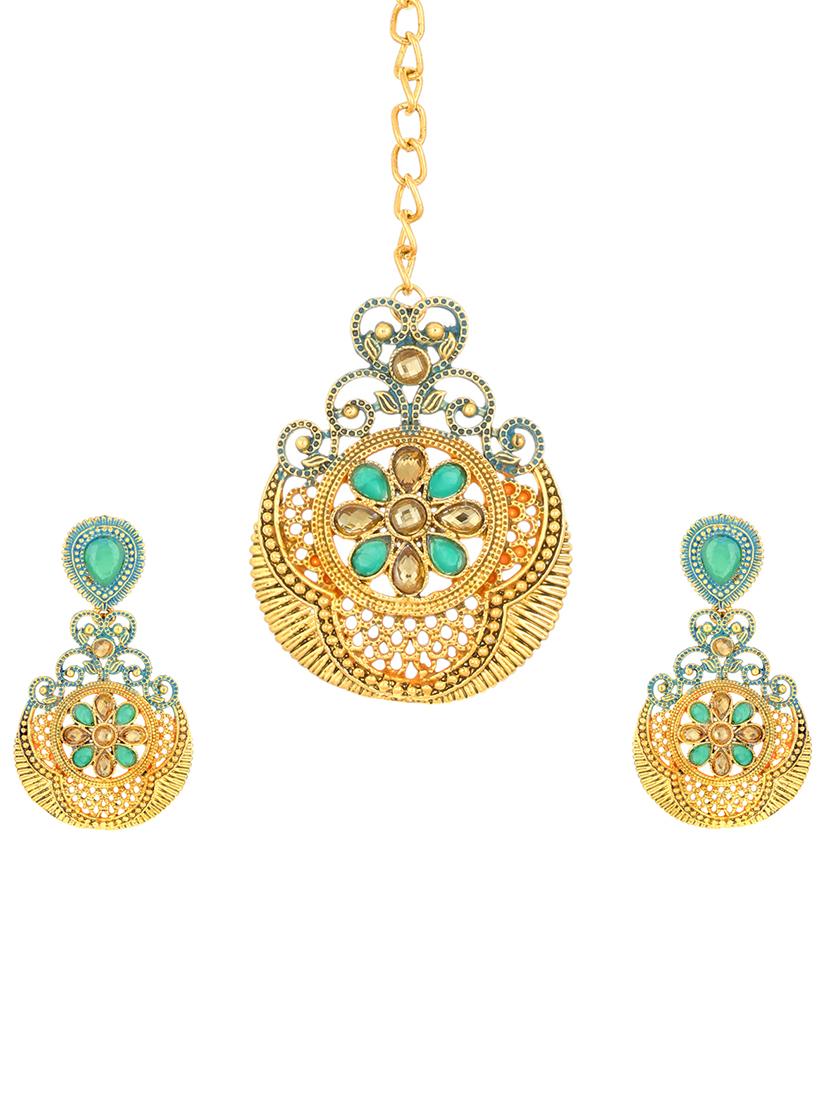 green brass chandellier earring maangtikka - 16964967 - Zoom Image - 1