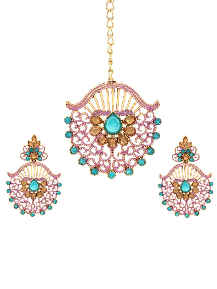 blue brass chandballi earring maangtikka - 16964969 - Zoom Image - 1
