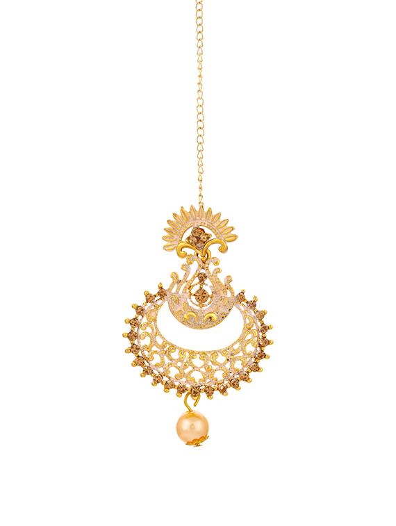 gold brass chandballi earring maangtikka - 16964970 - Zoom Image - 2