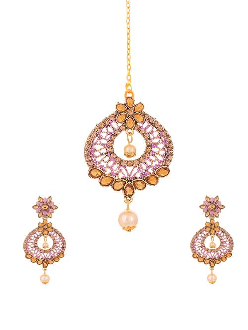 gold brass drop earring & maangtikka - 16964971 - Standard Image - 1