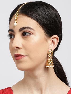 gold brass jhumka earring maangtikka - 16965048 - Standard Image - 4