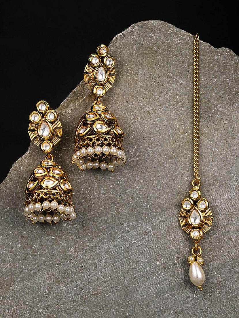 gold brass jhumka earring maangtikka - 16965048 - Zoom Image - 1